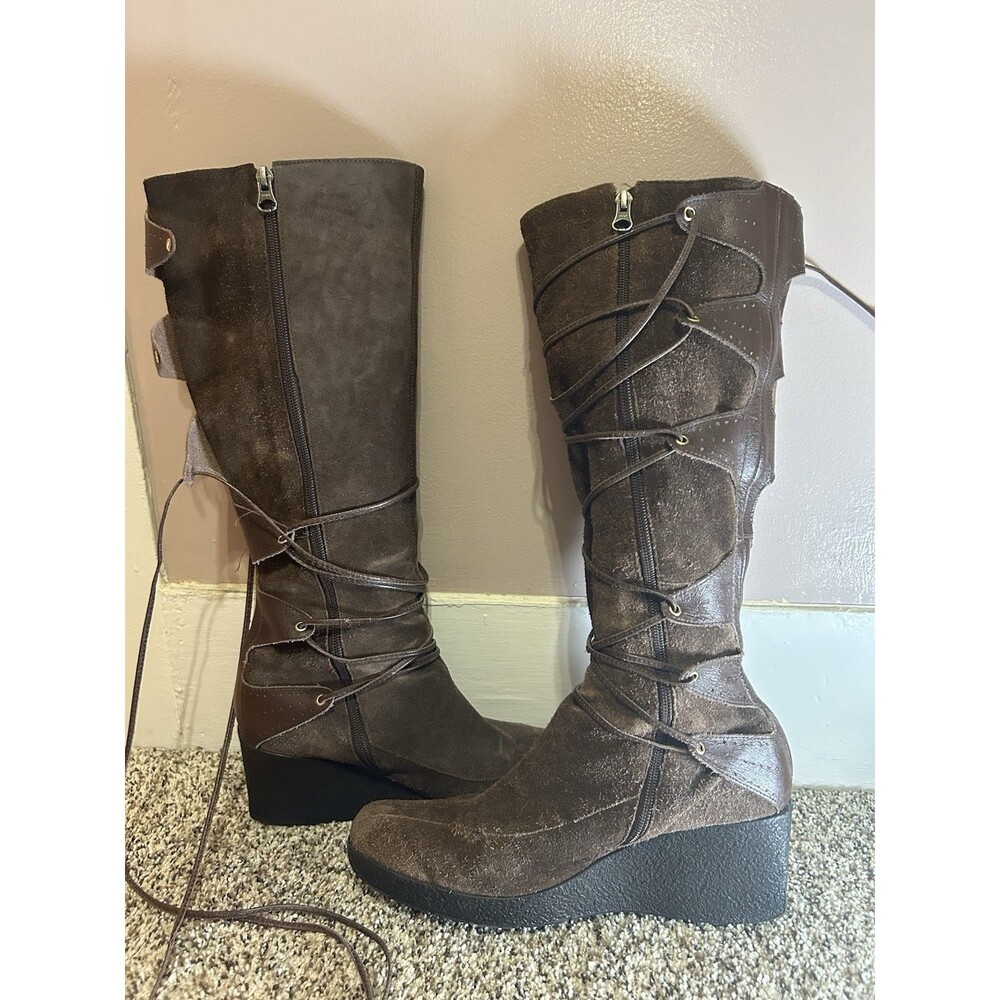 Knee High Brown Suede Boots Corset Tie Back Size 11 Elfcore Fairy Renfaire Boho